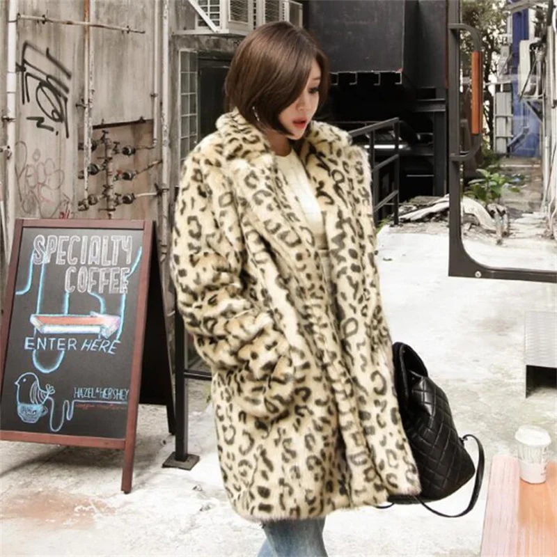 Autumn Leopard faux mink fur leather jacket womens warm Mid-length fur leather coat women loose jackets winter thicken fashion enlarge