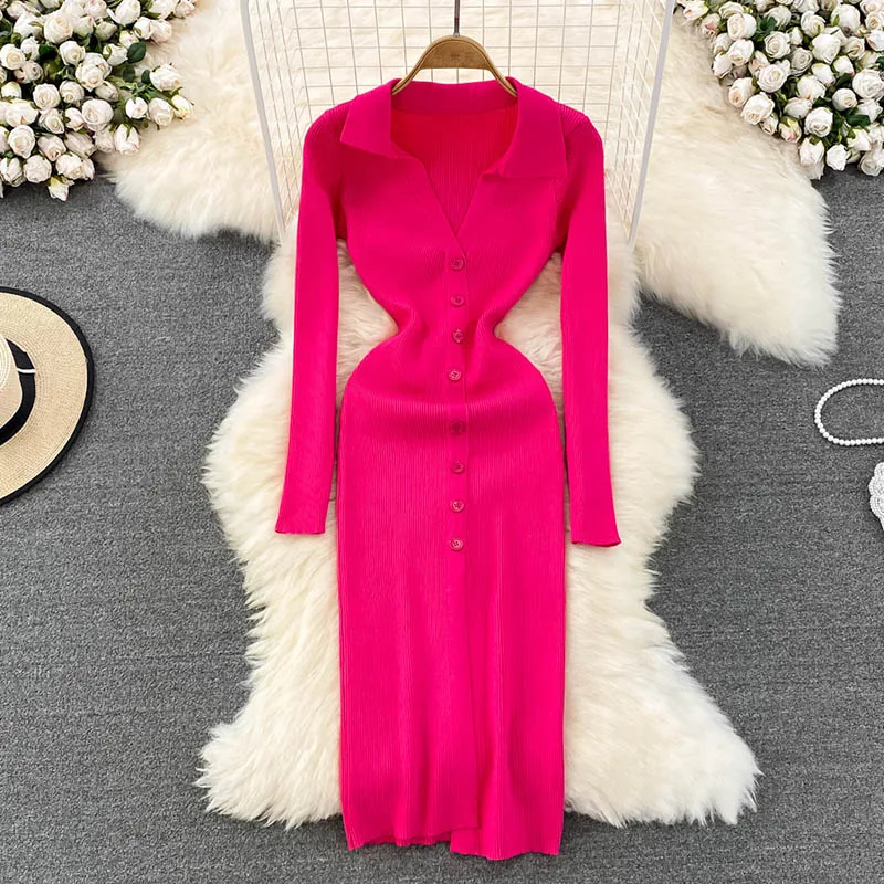 

Autumn Winter Knitted Women's Sweater Dress Long Sleeve Warm Pullovers Lapel Thick Single-Breasted Bodycon Dresses for Women