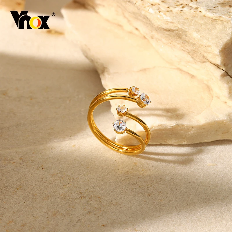 

Vnox Exquisite Bling CZ Stone Rings for Women Party Jewelry, Golden Color Plated Stainless Steel Cocktail Ring