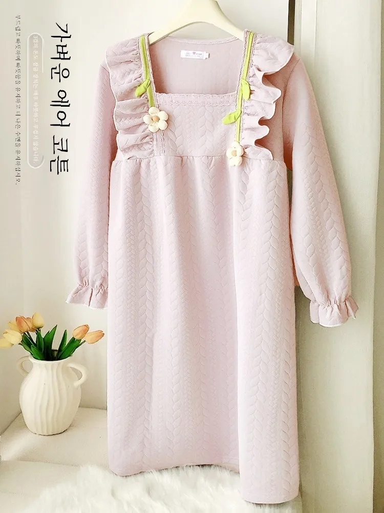 Sandwich Air Cotton Pullover Nightdress Pajamas Autumn and Winter Women 2024 New Thickened Warm Princess Sle Drawstring Top...