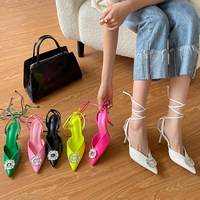 

Female High Heels Sandals Pointed Toe Rhinestones Cross-tied Woman Sandal Casual Outdoor Crystal Shallow Ladies Pumps Shoes