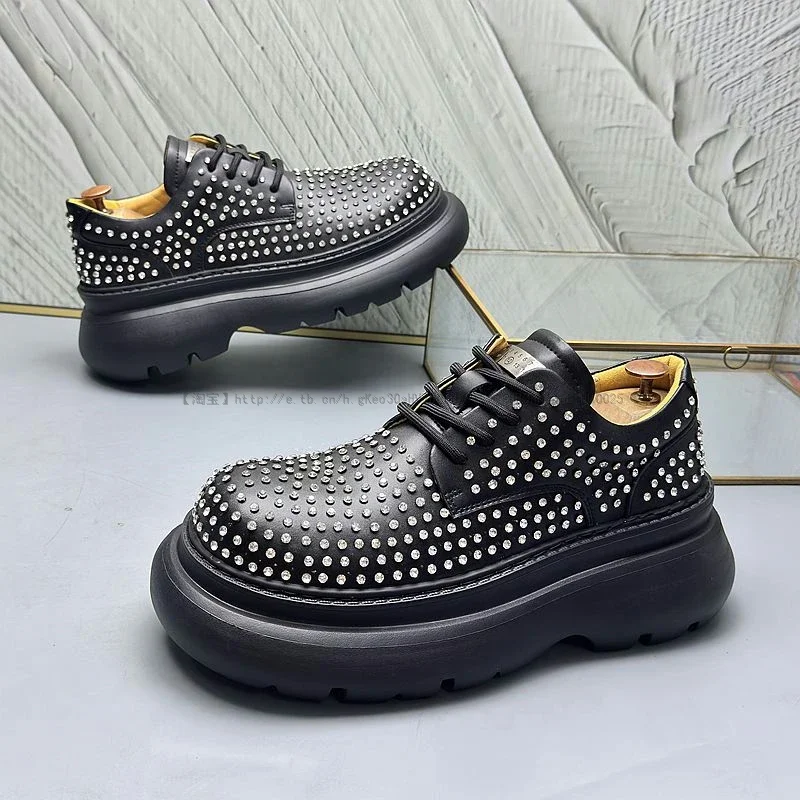 Мужские повседневные кожаные туфли со стразами и круглым носком на платформе с