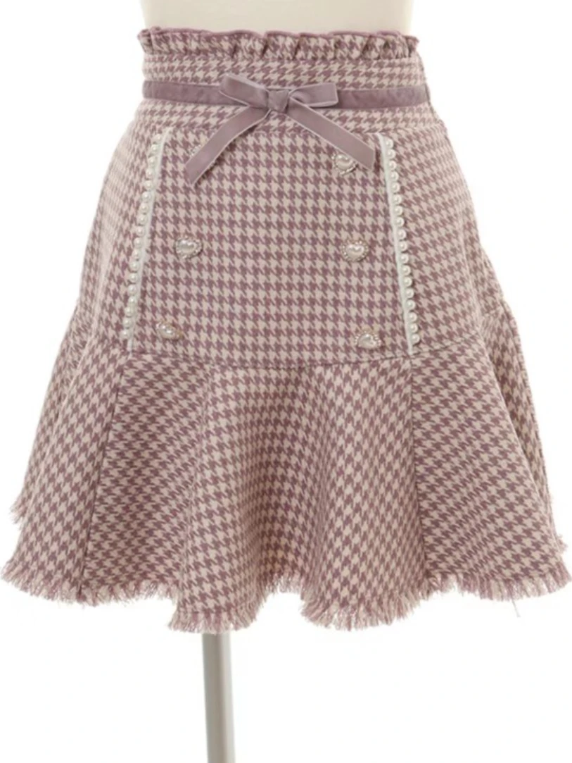 

Retro Houndstooth Skirt for Women Velvet Tied Bow High Waist Slimming Fishtail Skirt Japanese Lolita Sweet Ruffled Sheath Skirts