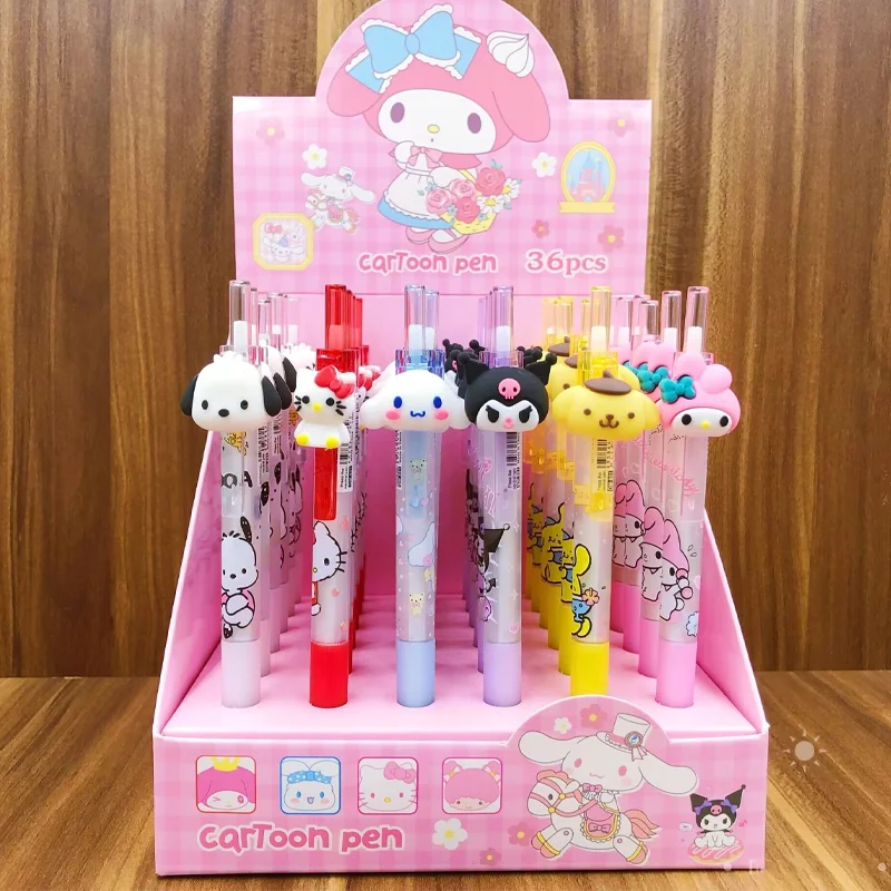 

Ручка гелевая Sanrio 36 шт., с мультяшным Hello Kitty Kuromi, милый пресс-ручка для студентов, канцелярские принадлежности в коробке 0,5, черные детские подарки