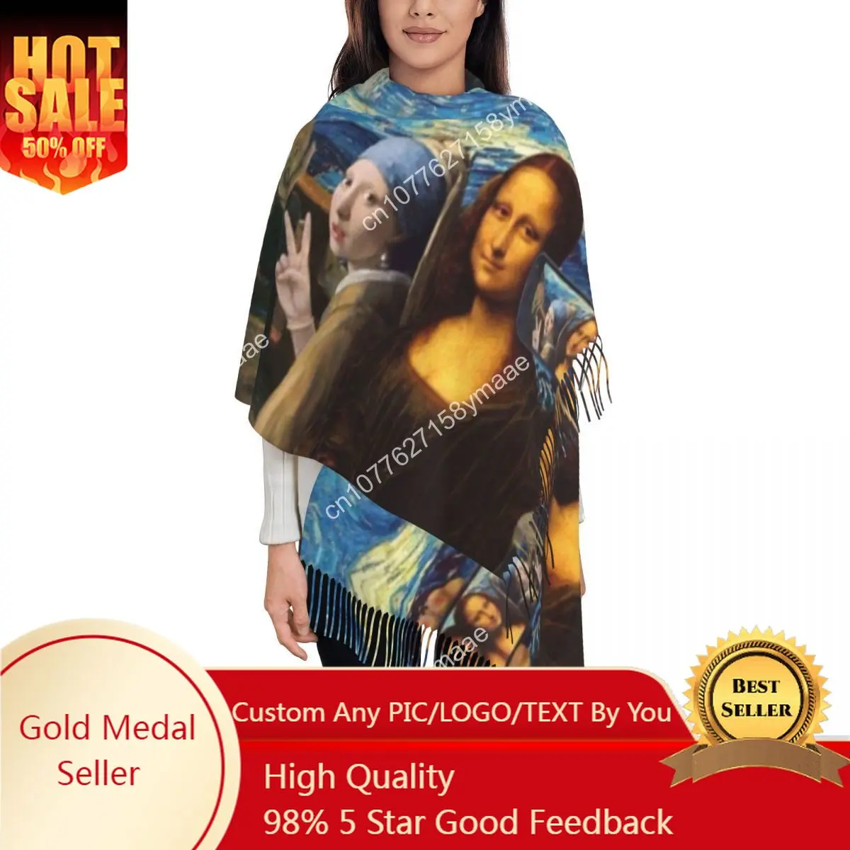 

Starry Night By Mona Lisa And Vincent Van Gogh Scarf Wrap for Women Long Winter Warm Tassel Shawl Unisex Art Painting Scarves