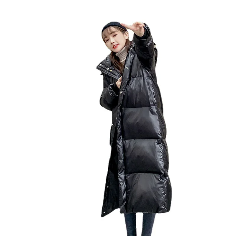 Parkas Women Glossy Bright Leather Parkas Women Mid-Length Thickened below-the-Knee Length Loose Black Coat  Winter Coat Women