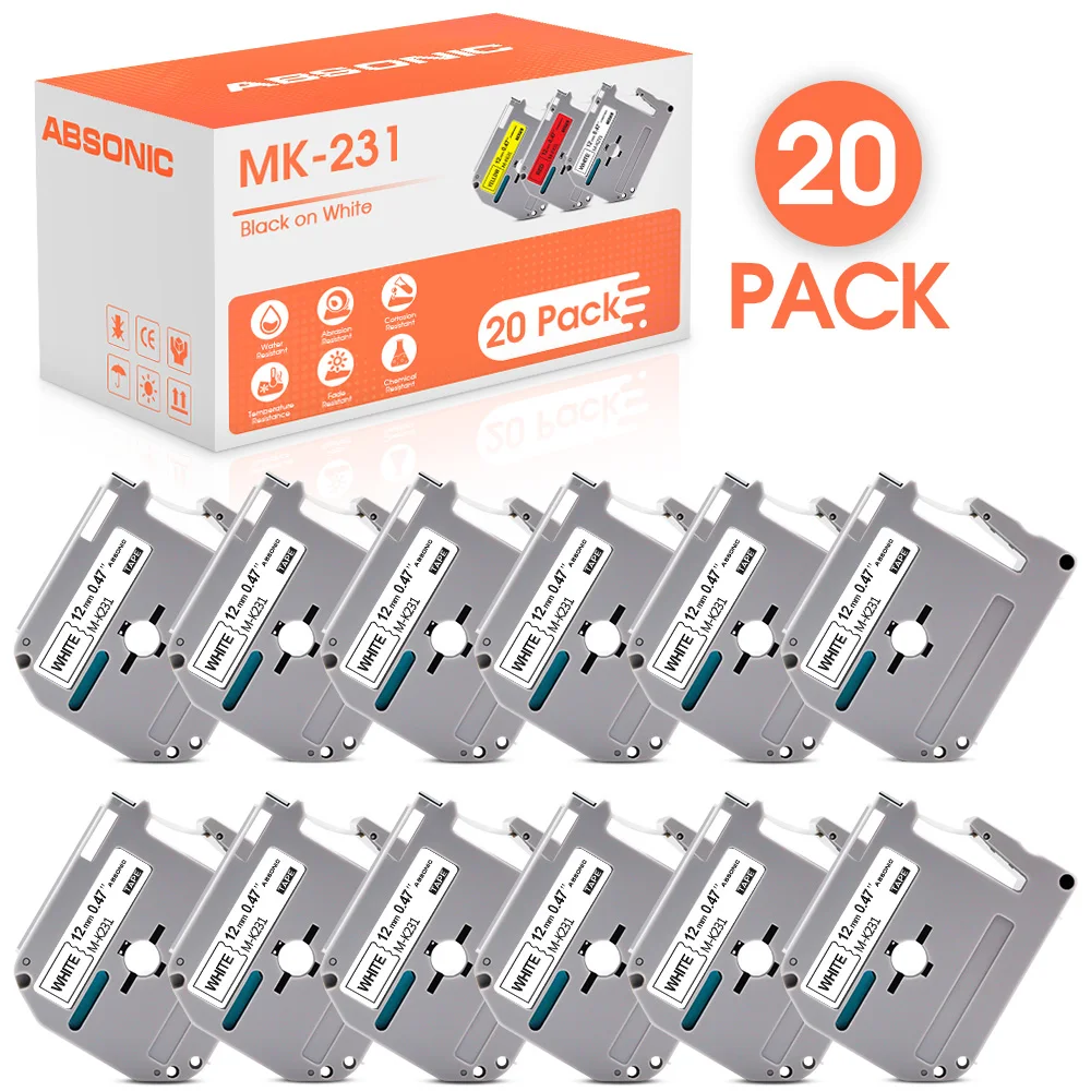 

Absonic 20PK MK-231 M K231 12mm Label Tape Compatible for Brother M-K231 MK 231 MK231 Compatible for Brother P-touch Printer