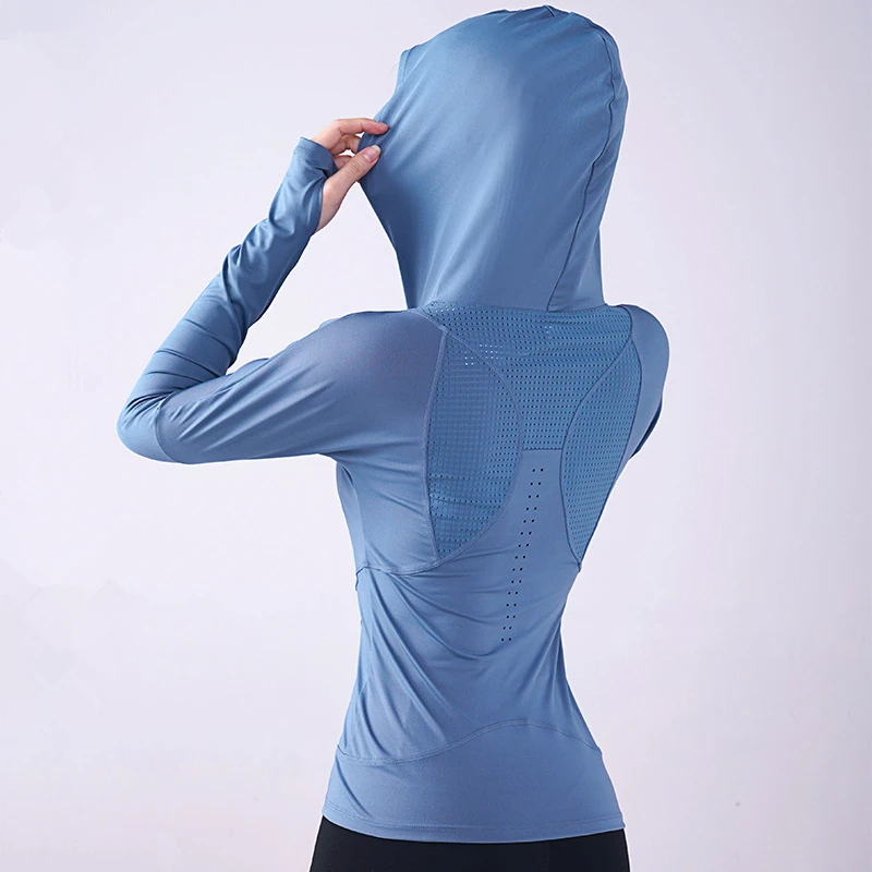 Women Yoga Shirt Long Sleeve Thumb Hole Running T-shirt Mesh Breathable Sport Hoodies Fitness Top Gym Workout Hooded Sweatshirts images - 6