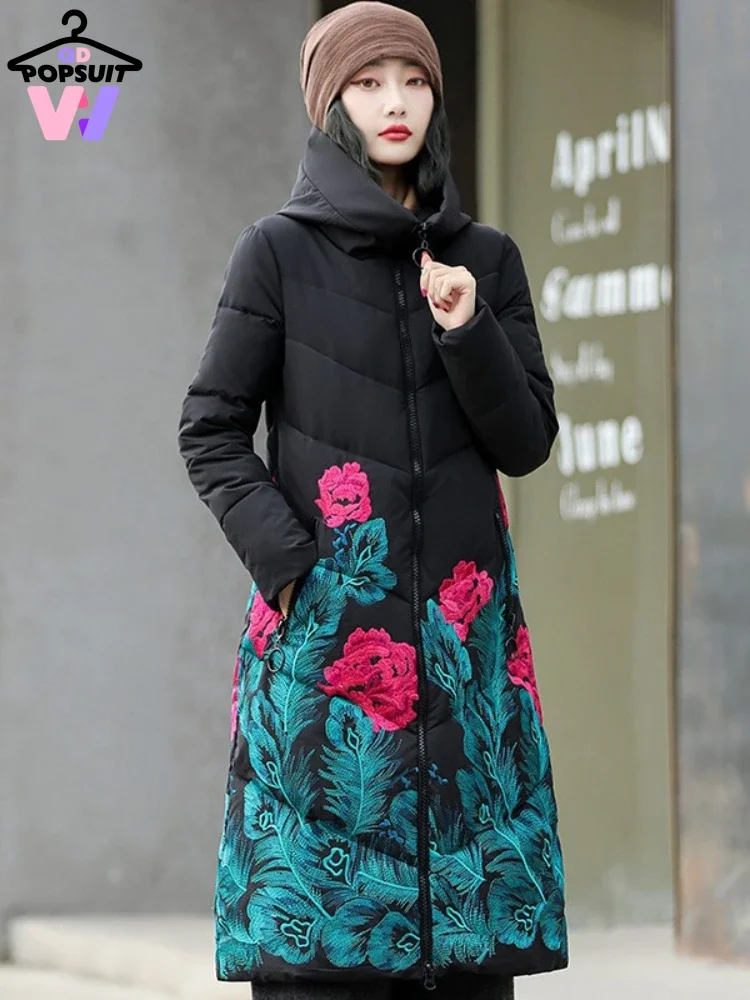 

Парка женская зимняя с вышивкой и капюшоном, модный элегантный пуховик из хлопка, винтажное плотное теплое длинное пальто, трендовая женская одежда