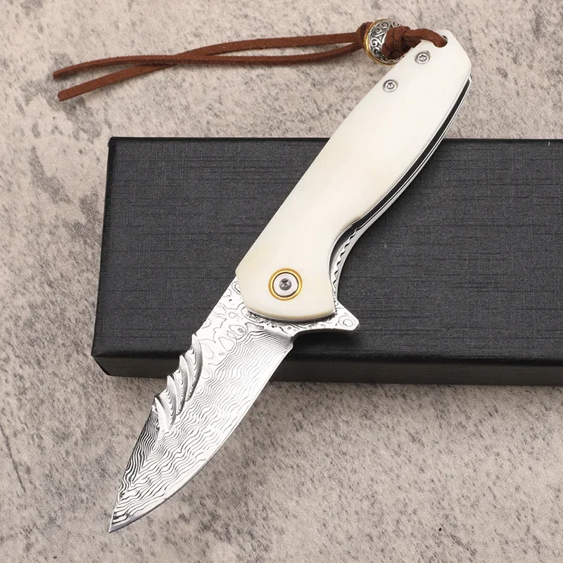 Samsend Дамасский складной нож мини-белая коровья кость ручка универсальный