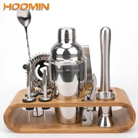 mocktail tools wood storage stand stainless steel cocktail shaker set bars mixed drinks jigger mixing spoon tong bartender tools