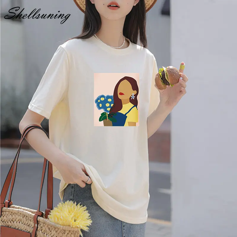 

Футболка женская хлопковая с круглым вырезом и графическим принтом