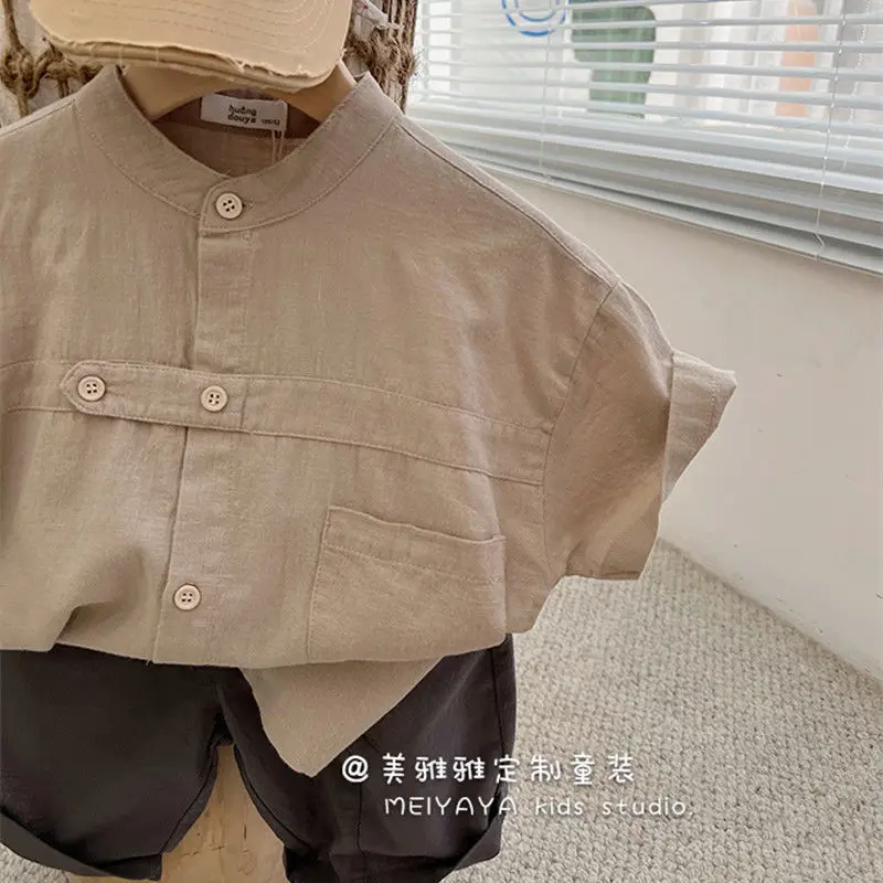 Children's Clothing Boy's Short-Sleeved Shirt Children's Summer 2022 New Baby Japanese Style Artistic Summer Two-Piece Suit