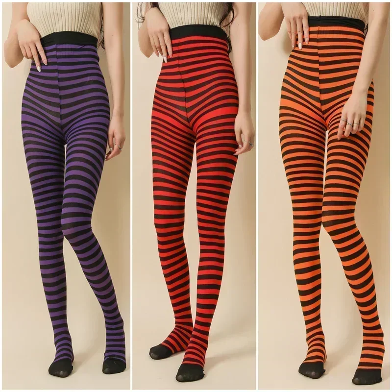 

Goth Style Punk Women Striped Pantyhose Rainbow Long Tights Halloween Christmas High Waist Cosplay Stocking Elastic Slim Legging