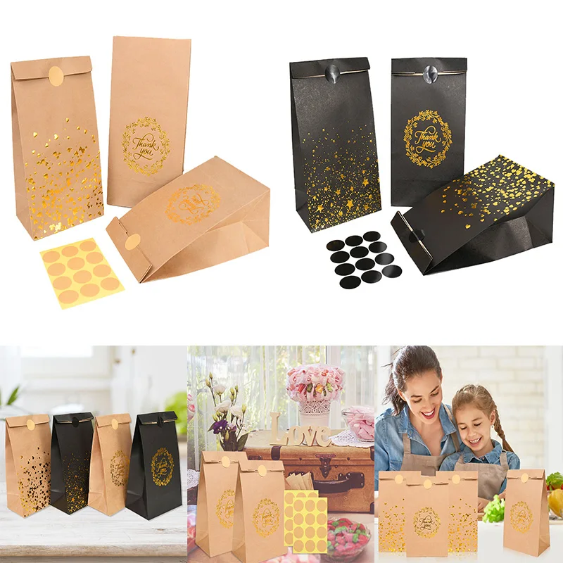 

12pcs Kraft Paper Bags Bronzing Love Heart Paper Bag Birthday Wedding Favor Box Christmas Gift with Stickers Cookie Package Bags