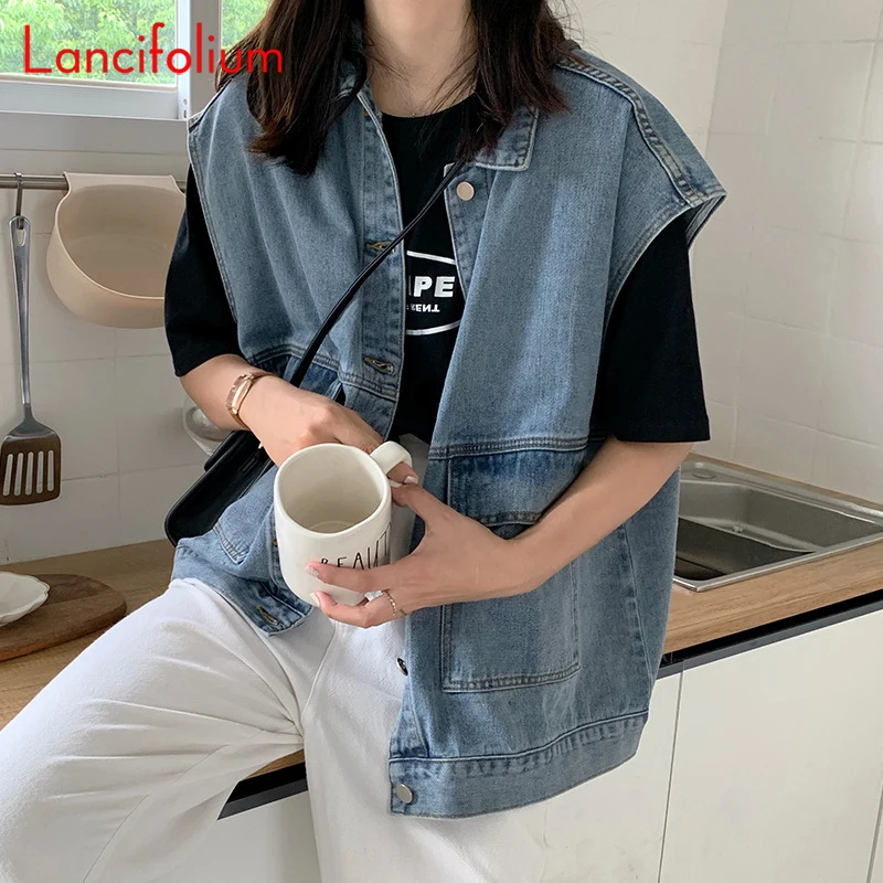 

Oversized Blue Denim Vest Women 2022 Vintage LOOSE Korean Black Sleeveless BF Cargo Basic HarajukuTank Top Jeans Vest Jacket