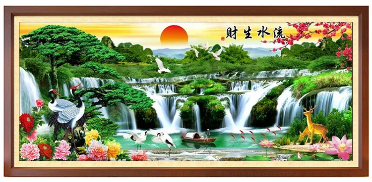 Chinese Embroidery Kits 11CT Waterfall Sun Pattern Printed on Canvas DIY Needlework Home Decor Cross Stitch