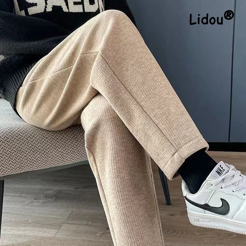 

Autumn Winter Solid Color Plush and Thicken Harem Pants Women High-quality Slim Casual Pocket All-match Foot-binding Trousers