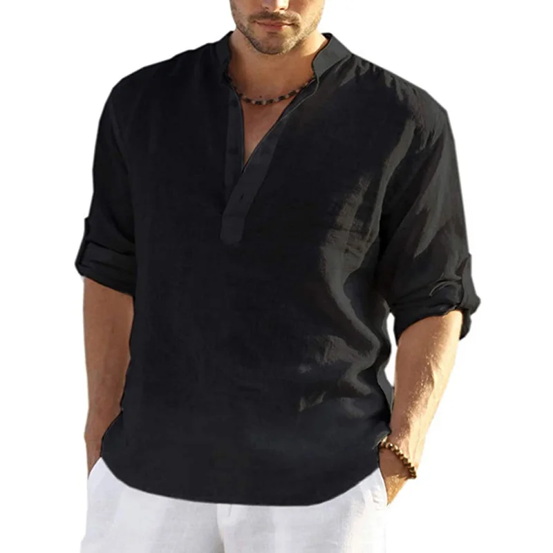

2023 New Men Casual Top Cotton Linen Loose Casual Shirt Long Sleeve Shirt Spring Autumn Solid Color Handsome Male Shirts