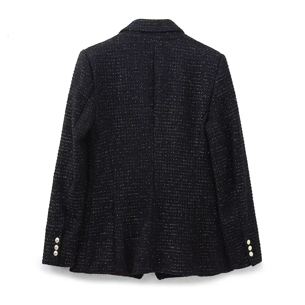 Jenny&Dave England Style Office Lady Double Breasted Tweed Texture Fashion Blazers Casual Jacket Women