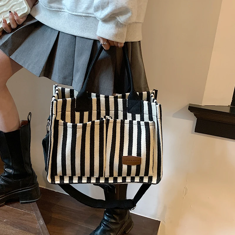 Casual Canvas Shoulder bags for women 2023 Crossbody Bags Cotton Cloth lunch bag Purses and stripe Handbags For Girls makeup bag