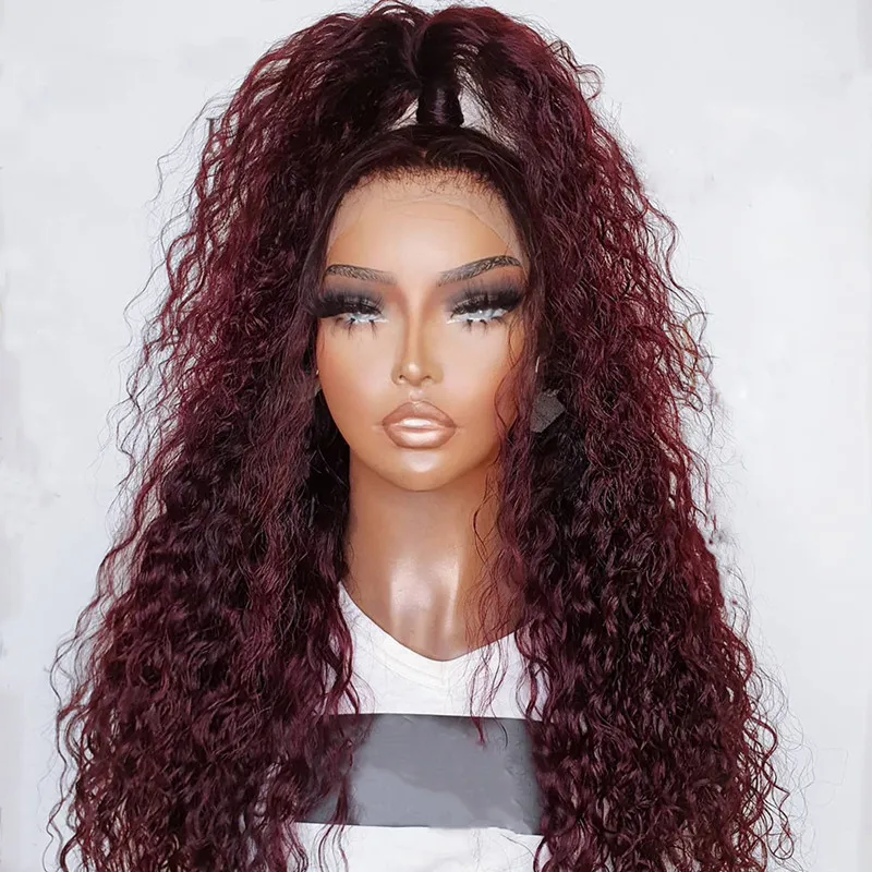 

Preplucked 26Inch 180%Density Glueless Burgundy Kinky Curly Lace Front Wig With BabyHair Heat Temperature Daily Cosplay Wig