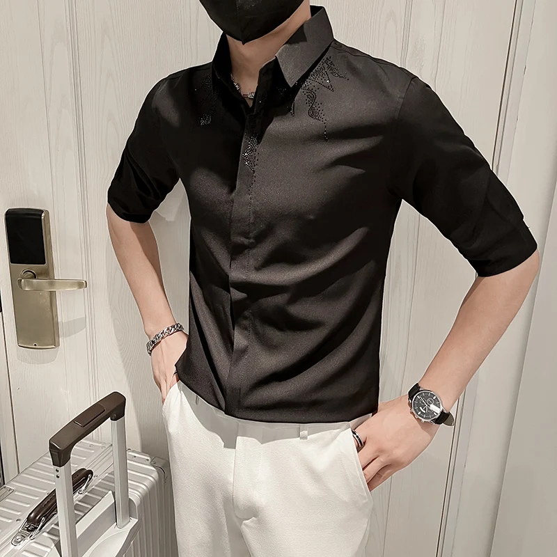 Rhinestone Men's Shirts Summer Half Sleeve Slim Casual Shirt Streetwear Social Party Nightclub Men Clothing Camisas Para Hombre