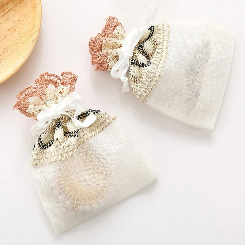 

New 5pcs 10x14cm Beige Wave Lace Slub Yarn Fold Bottom Drawstring Pocket Jewelry Bag Gift Packaging Bag Wedding Party Favor Bags