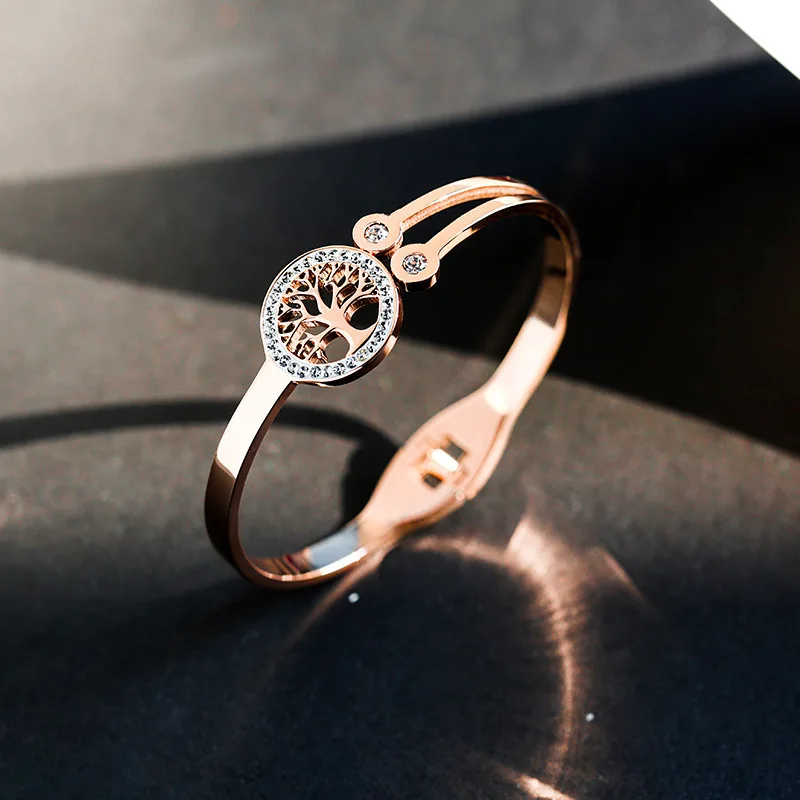 

ARADOO Tree of Life Light Luxury Titanium Steel Diamond Open Bracelet