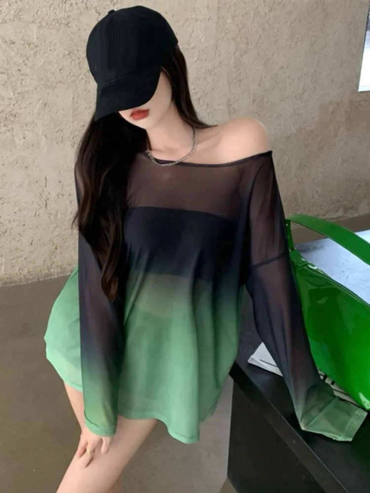 

Женская футболка с длинным рукавом, Повседневная Свободная футболка с градиентным круглым вырезом и длинным рукавом, G165, лето 2022