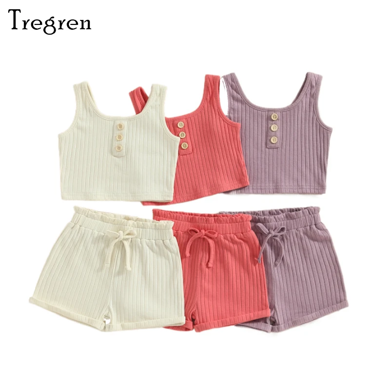 

Tregren 4-8Y Little Girls Summer Outfits Solid Color Buttons Sleeveless Rib Knit Tank Tops Elastic Waist Shorts 2Pcs Clothes Set