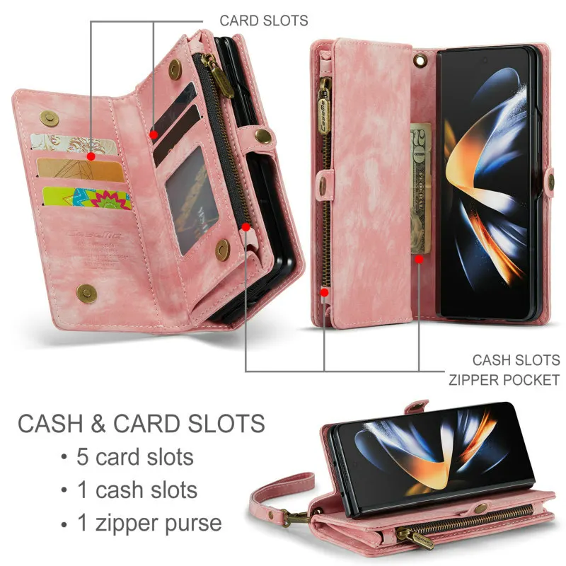 CaseMe 2022 Z Fold 4 Case For Galaxy Z Fold 4 Zipper 5 Card Slots Cash Purse Wallet Flip Case For Samsung Galaxy Z Fold 4 Case