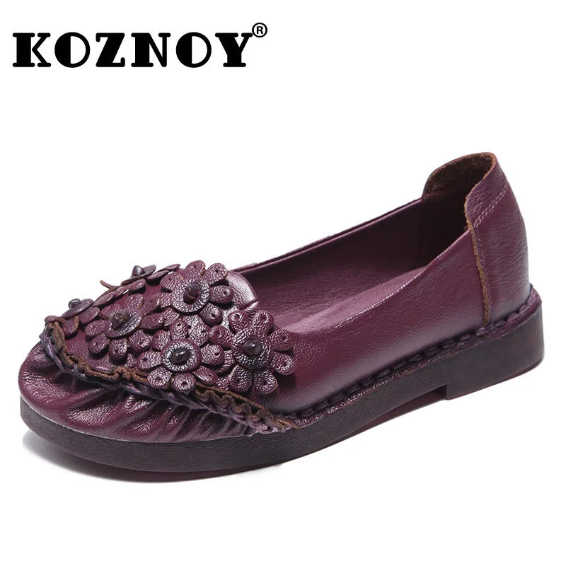 

Koznoy 3cm Ethnic Retro Manual Suture Genuine Leather Flower Plus Size Soft Comfortable Summer Women Leisure Flats Loafers Shoes