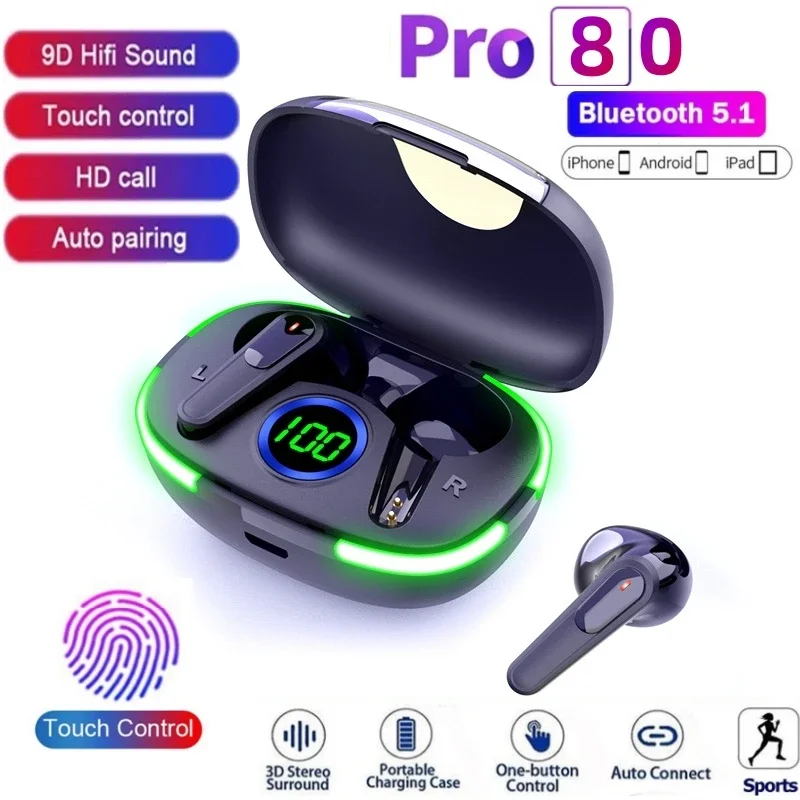 Фото Беспроводные наушники Pro80 TWS, Bluetooth 5,1, наушники Fone, Спортивная гарнитура, наушники-вкладыши с сенсорным управлением и микрофоном для смартфонов №1