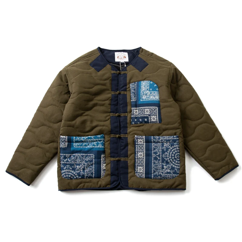 Retro Men's Cashew Print Pocket Patchwork Buckle Elements Men's Cotton Coat Japanese Loose Single Breasted Parkas Jacket