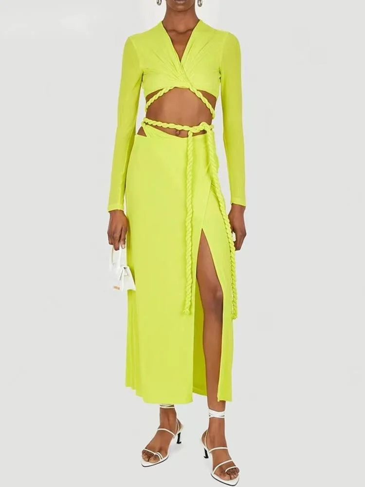 

Модный женский комплект из 2 предметов, новинка, бандажный топ с V-образным вырезом и длинным рукавом и юбка до середины икры со шнуровкой на талии, женская летняя одежда O292