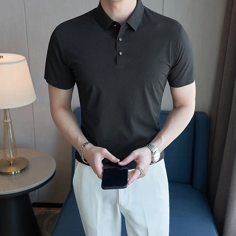 

Plus Size 4XL-M High Quality Elastic Short Sleeve Polo Shirts For Men Clothing 2023 Business Formal Wear Slim Fit Casual Tees