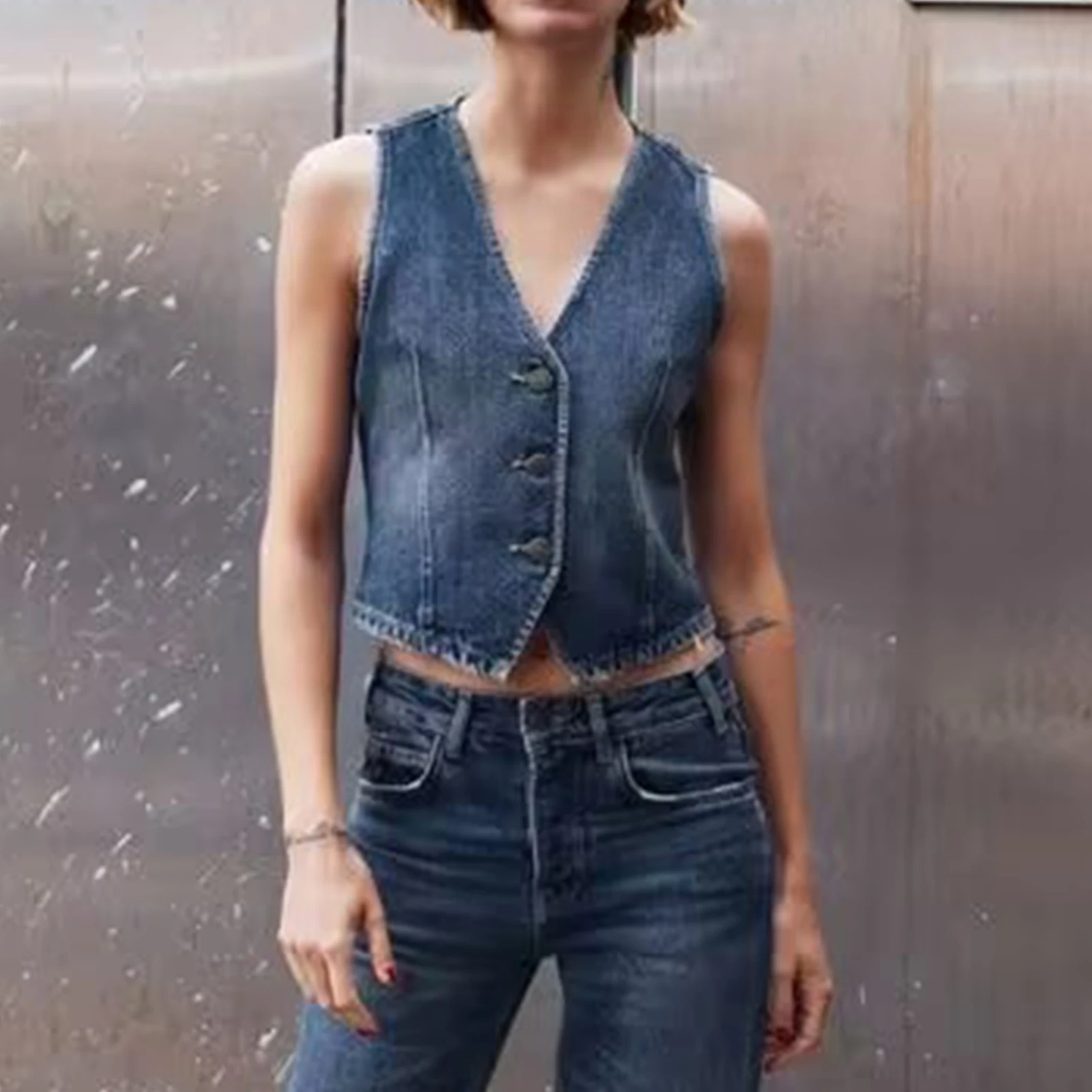 

Жилет женский с глубоким V-образным вырезом, повседневный облегающий однобортный жакет из джинсовой ткани в стиле ретро, модная уличная одежда сплошного цвета