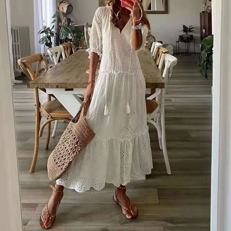 

White Summer Maxi Dress Elegant Short Sleeve Hollow Out Bohemian Dresses for Women Loose Fit V Neck Loose Sundress Vestidos