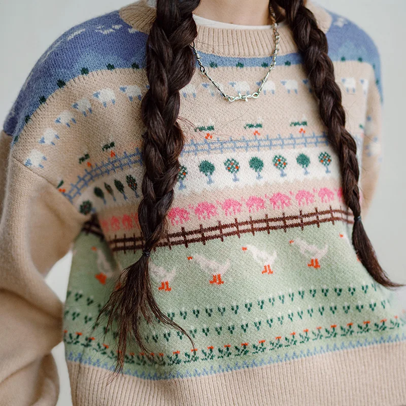 Винтажный свитер Maden с животными универсальный пуловер круглым вырезом для