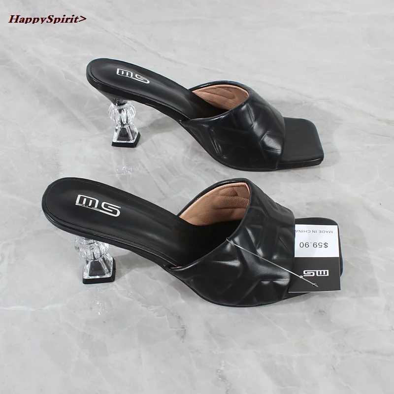 

Fashion Slippers Summer New PU Embossed Crystal High Heel Sandals White Sexy Cat Heel Women Sandals 8.5CM