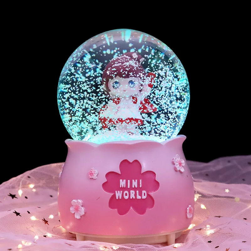 

Mini World Crystal Ball Music Box Cherry Blossom Floating Snow Octave Box Decorative Ornaments Birthday Gift Howls Moving Castle