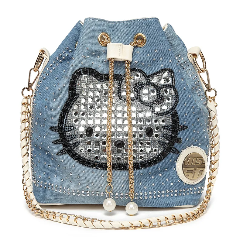 

New Kawaii Sanrioed Hello Kitty Denim Bags Canvas Bags Shoulder Bags Crossbody Bags Diamond Chain Bags Toys for Girls