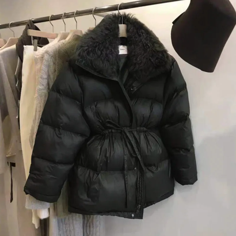 Winter New Lam Fur Collar 2023 Thick Small Western Chic Fashion Jacket Women's White Duck Down Ajustable Waist Coat Female