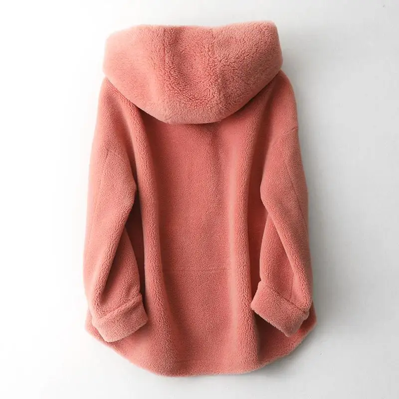 Winter New Pink Real Fur Coat Women Solid Hooded Casual Wool Outwear Female Clothing Thick Warm Sheep Shearing Jacket Parkas Top