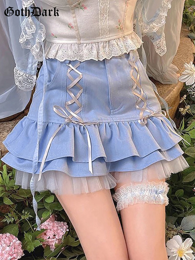 

Goth Dark Lolita Kwaii Ruffles Hem Harajuku Mini Skirts for Women Gothic Cute High Waist Aline Skirt Bandage Mesh Hem Streetwear