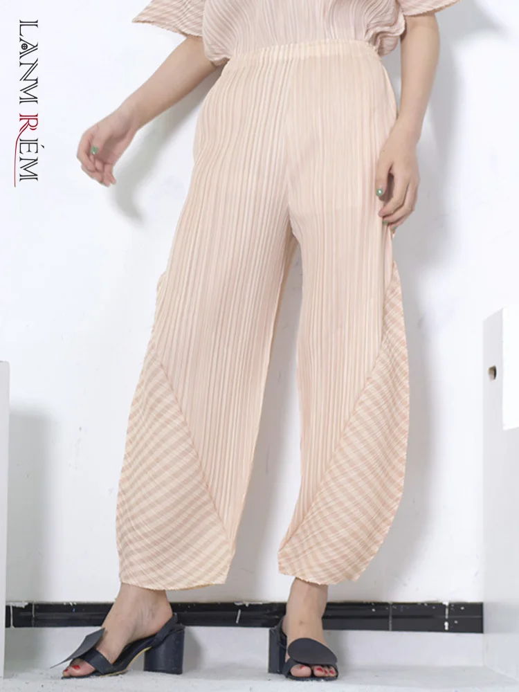 

LANMREM High Elastic Waist Pleated Plaid Long Wide Leg Trousers New Loose Fit Pants Women Fashion Autumn 2022 JG577