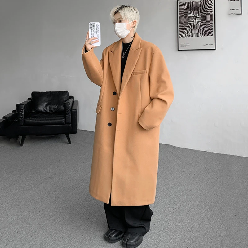 PFNW корейское трендовое шерстяное пальто цвета хаки средней длины мужское