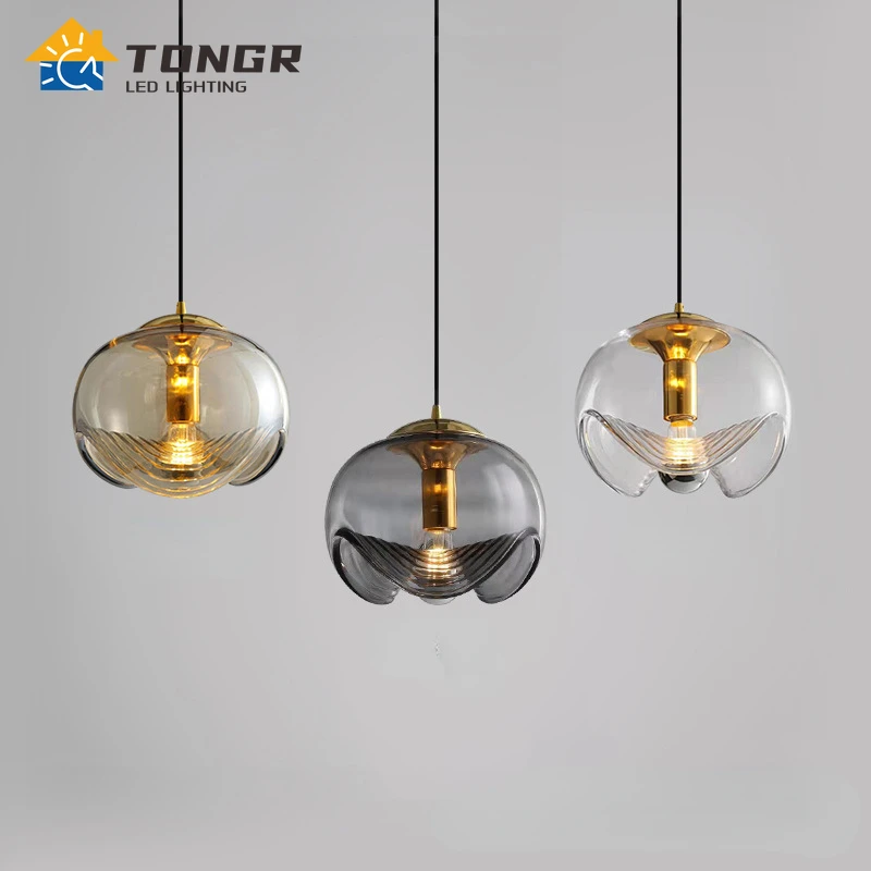 

Nordic Amber Glass Ball Pendant Light Modern Bedroom Fixture Home Deco Living Room Decor Water Ripple E27 LED Bulb Pendant Lamp