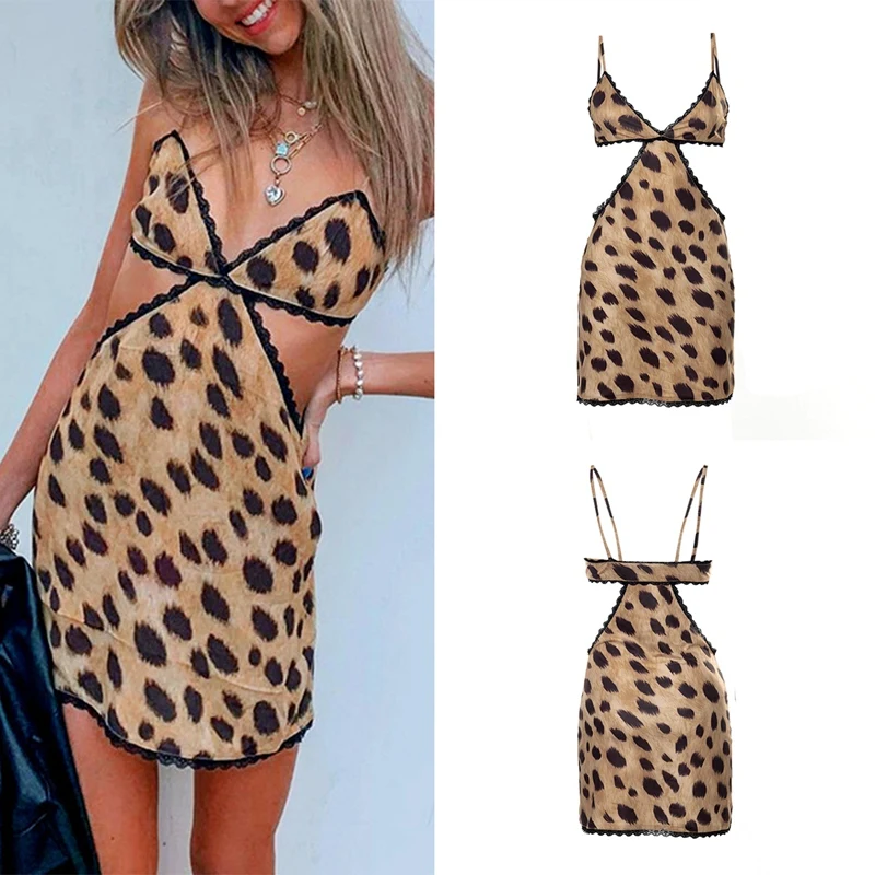 

Vacation Knitted Maxi Dresses For Women Summer Elegant Leopard Sexy Party Cut Out Backless Bodycon Dress